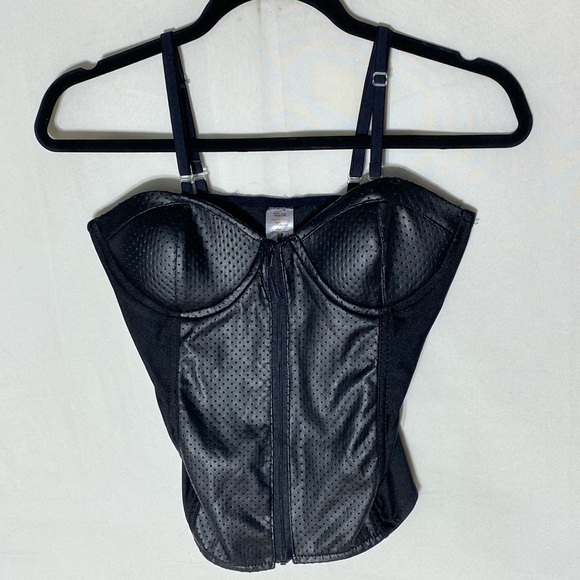 Tops - Black Faux Leather Zip Front Bustier Top M